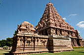 The great Chola temples of Tamil Nadu - The Brihadisvara temple of Gangaikondacholapuram. The Ganesha temple with the great vimana towering behind. 